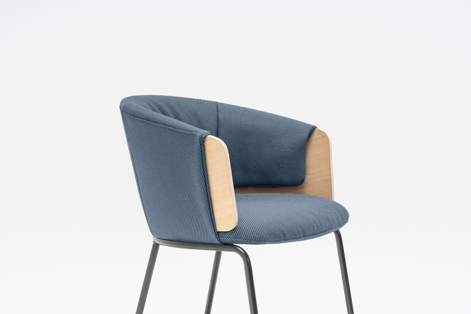 Collar office armchair by Arthur Gentil in blue upholstery, with wooden sides and metal legs - a modern design for the office or conference room