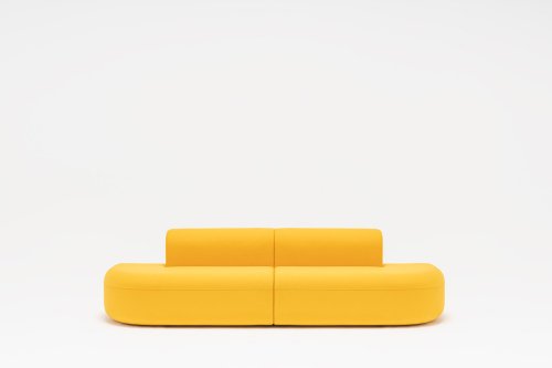 Modułowa sofa designerska w żółtym kolorze, z dwoma niskimi siedziskami i dwoma oparciami
